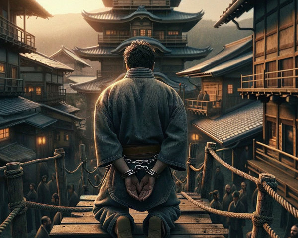 Samurai on Bamboo Bridge in Traditional Village Setting