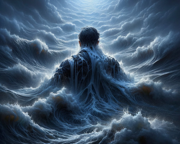 Figure Surrounded by Stormy Waves and Dark Clouds
