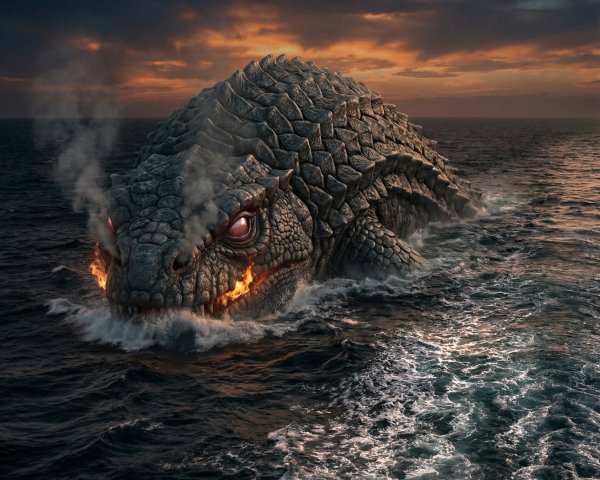 Colossal dragon-turtle monster rising from ocean waves