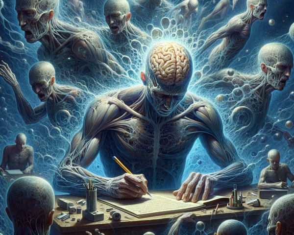Surreal Scene of Ethereal Figure Writing at Desk