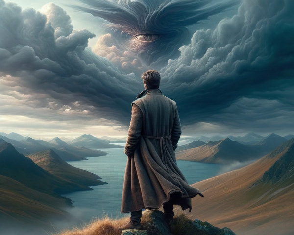 Man on Hill Watching Eye in Cloudy Sky