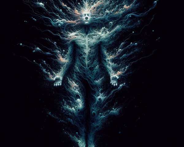 Humanoid Figure Surrounded by Cosmic Particles and Light