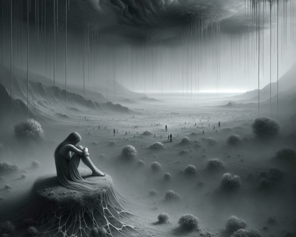Monochrome Surreal Landscape with Solitary Figure