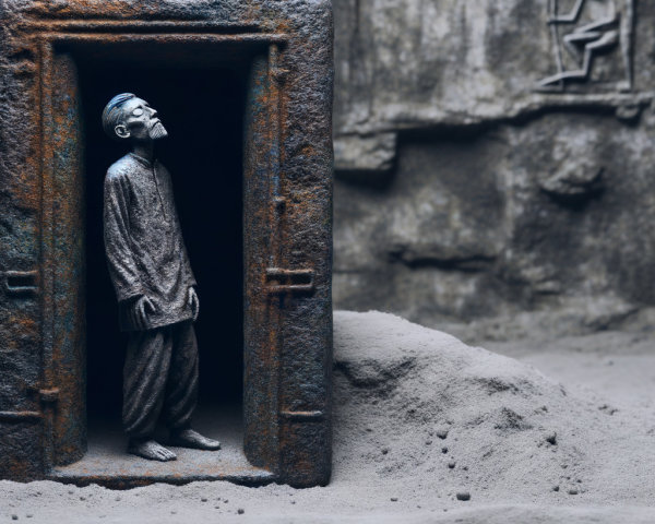 Ghostly Man in Oversized Grey Outfit in Dark Doorway