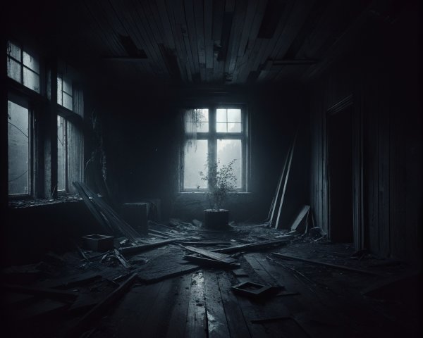 Abandoned Room with Shadows and Defiant Plant Growth