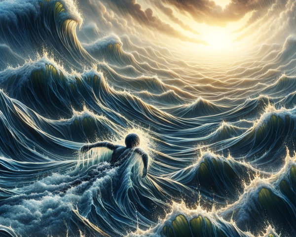 Swimmer Navigates Waves Under Dramatic Sunset Sky
