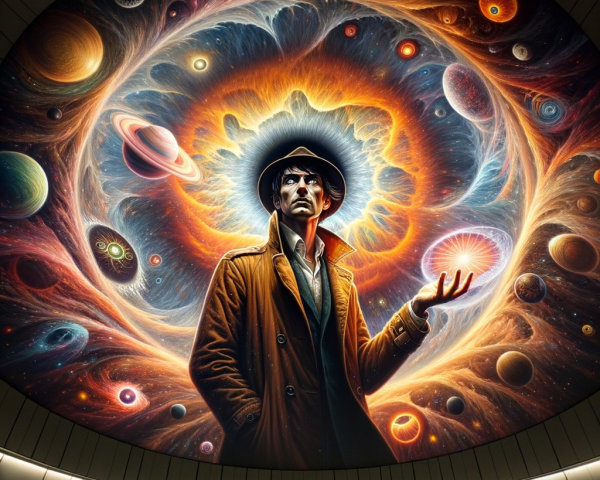 Cosmic Art Deco Artwork of Stylish Man in Trench Coat