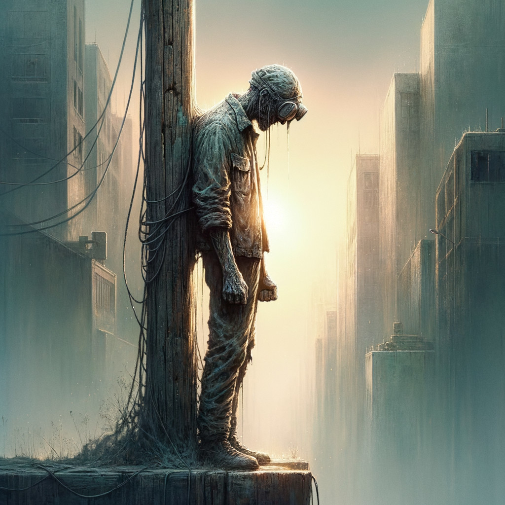 Human-like figure in gas mask against foggy cityscape