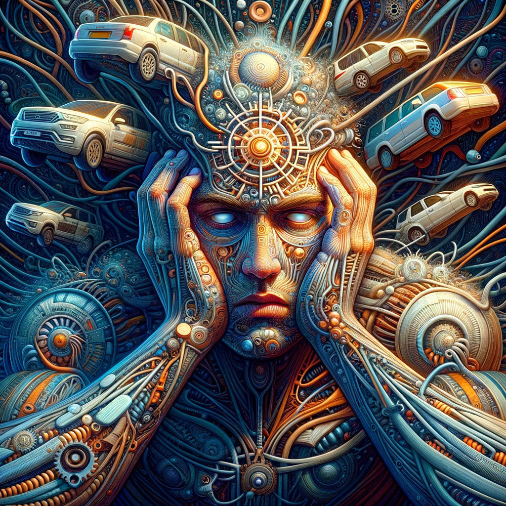 Surreal Human Figure with Mechanical Elements and Colors