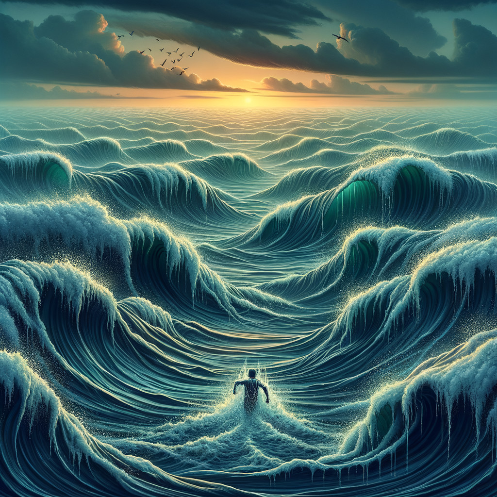 Solitary Figure in Vast Ocean at Sunset
