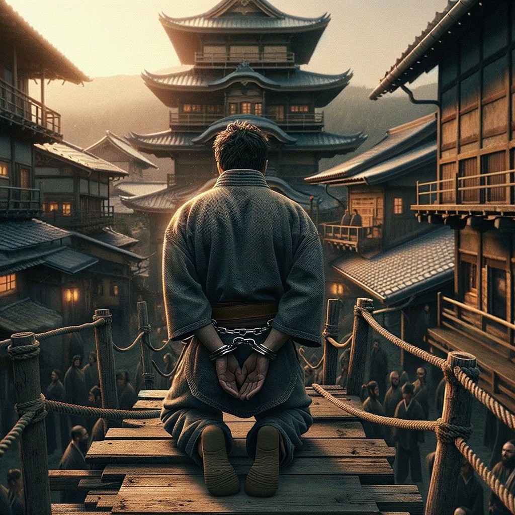 Samurai on Bamboo Bridge in Traditional Village Setting