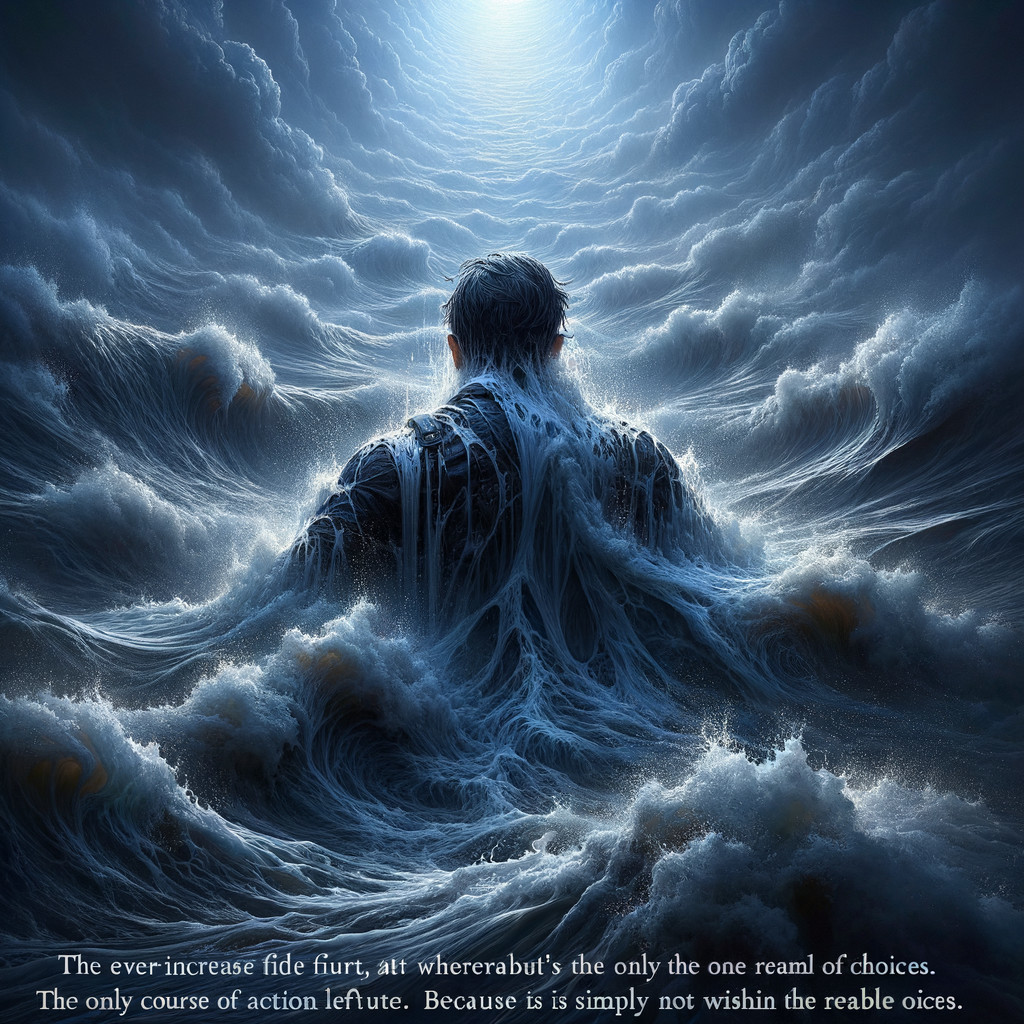Figure Surrounded by Stormy Waves and Dark Clouds