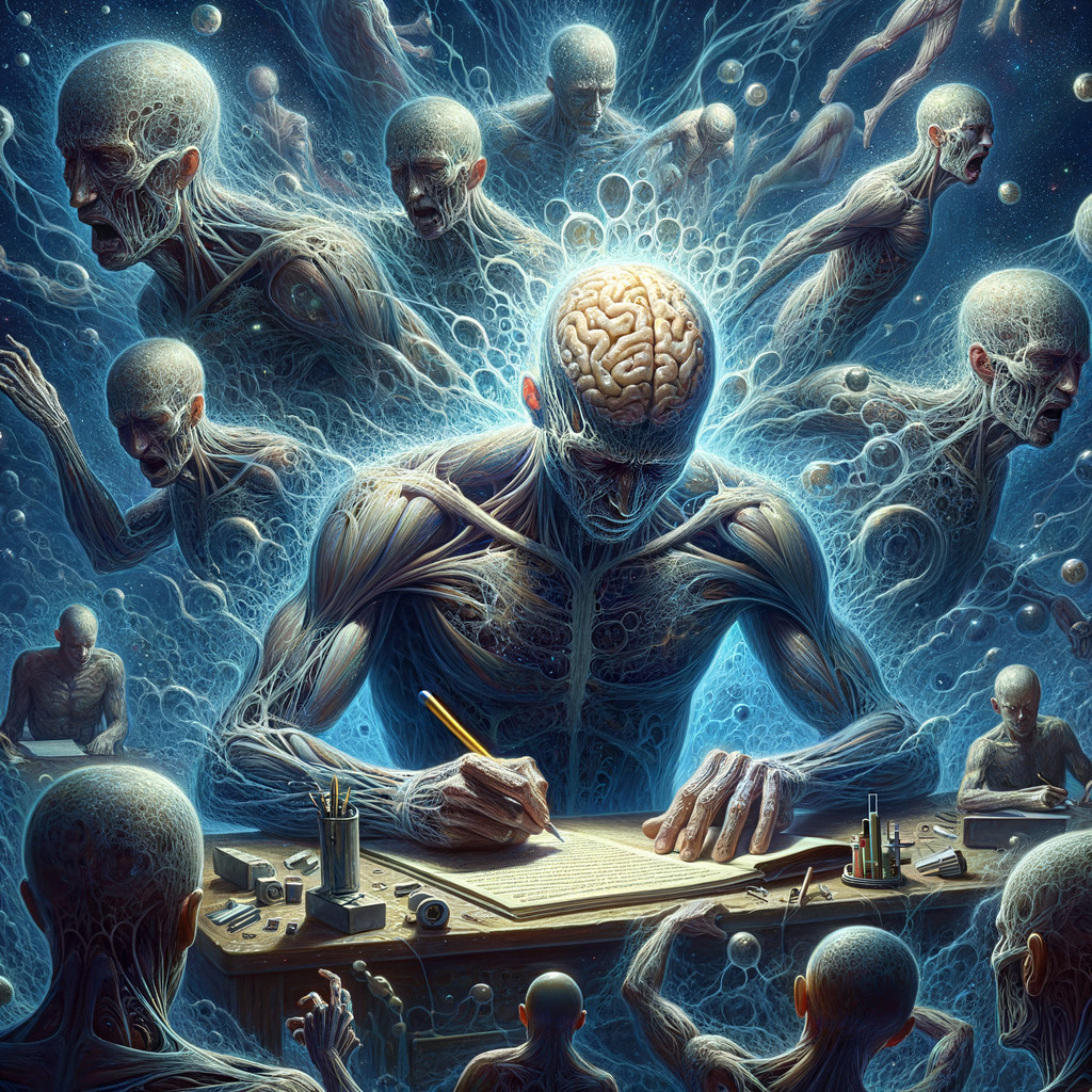 Surreal Scene of Ethereal Figure Writing at Desk