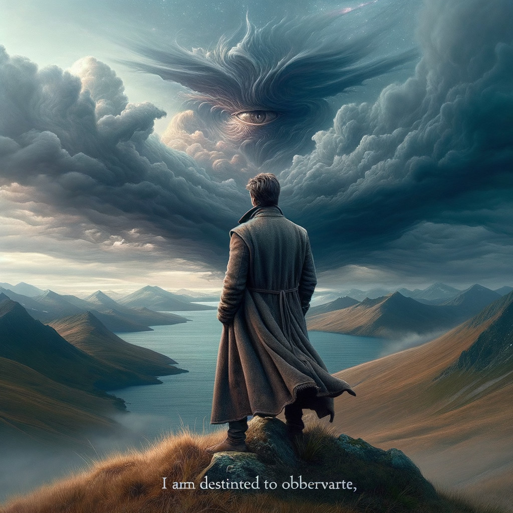 Man on Hill Watching Eye in Cloudy Sky