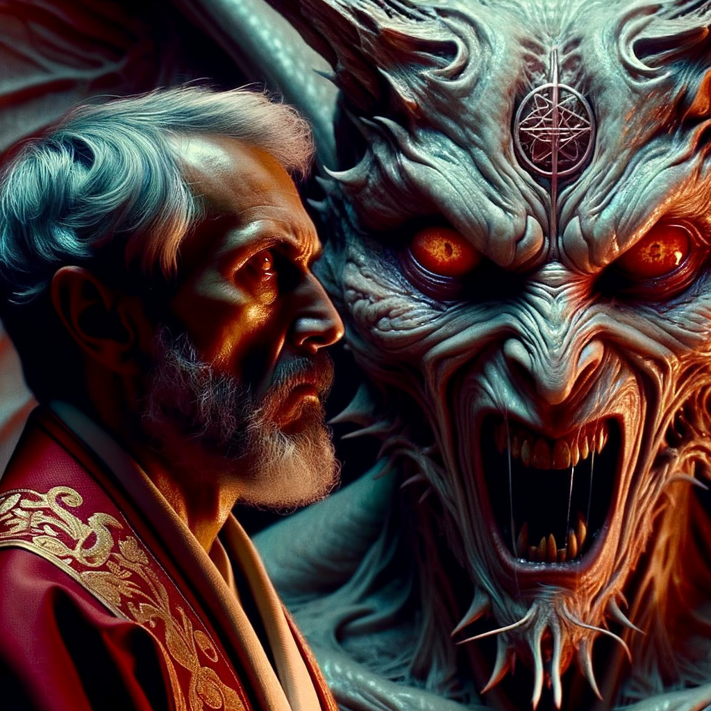 Close-Up Portrait of an Old Priest and a Demon