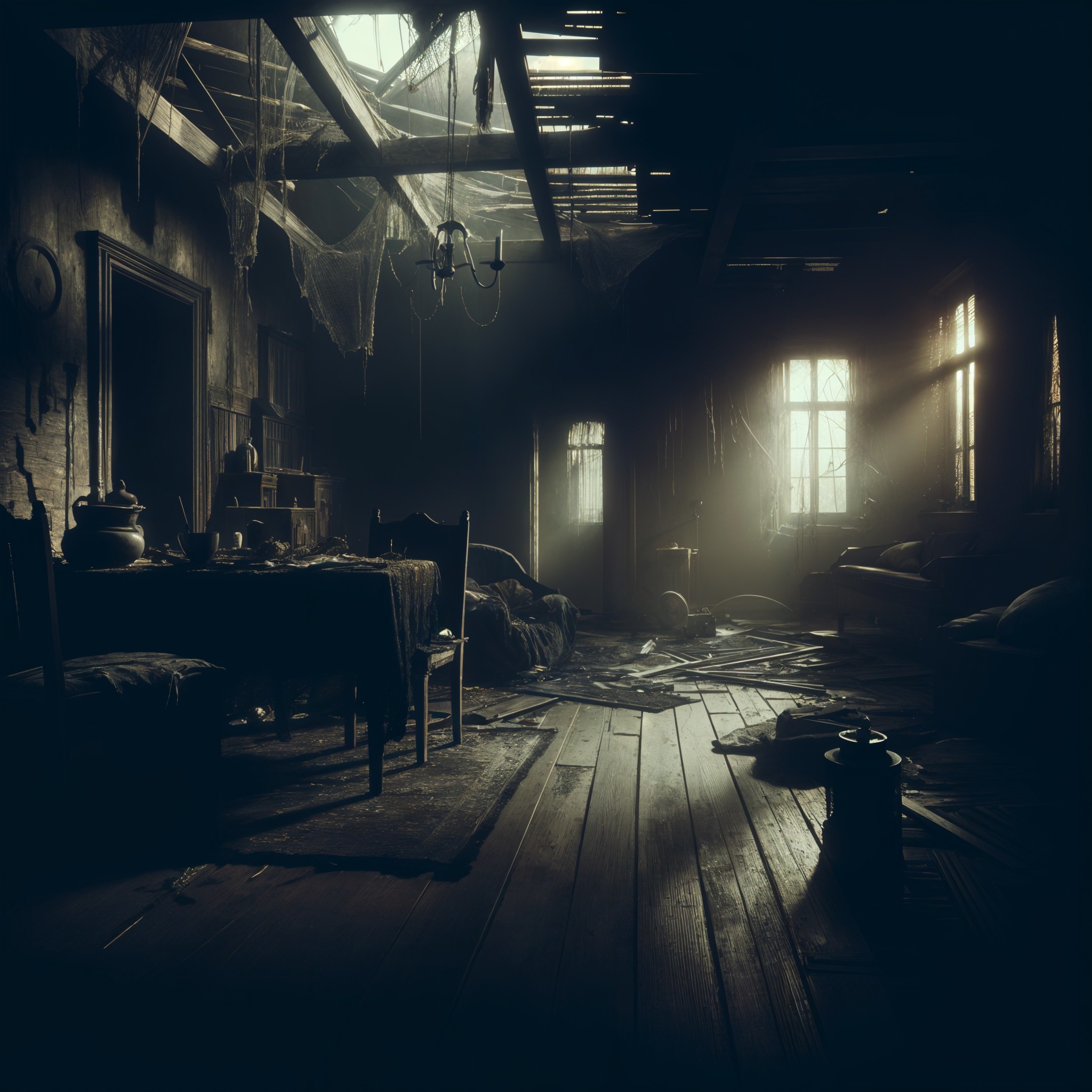 Abandoned Room with Dust, Decay, and Shadows