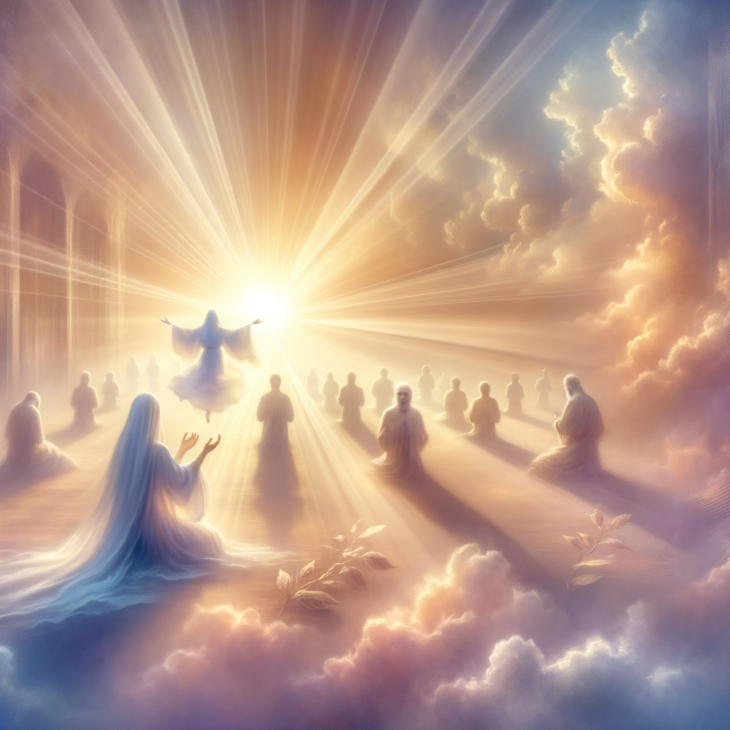 Celestial Scene with Radiant Light and Reverent Figures