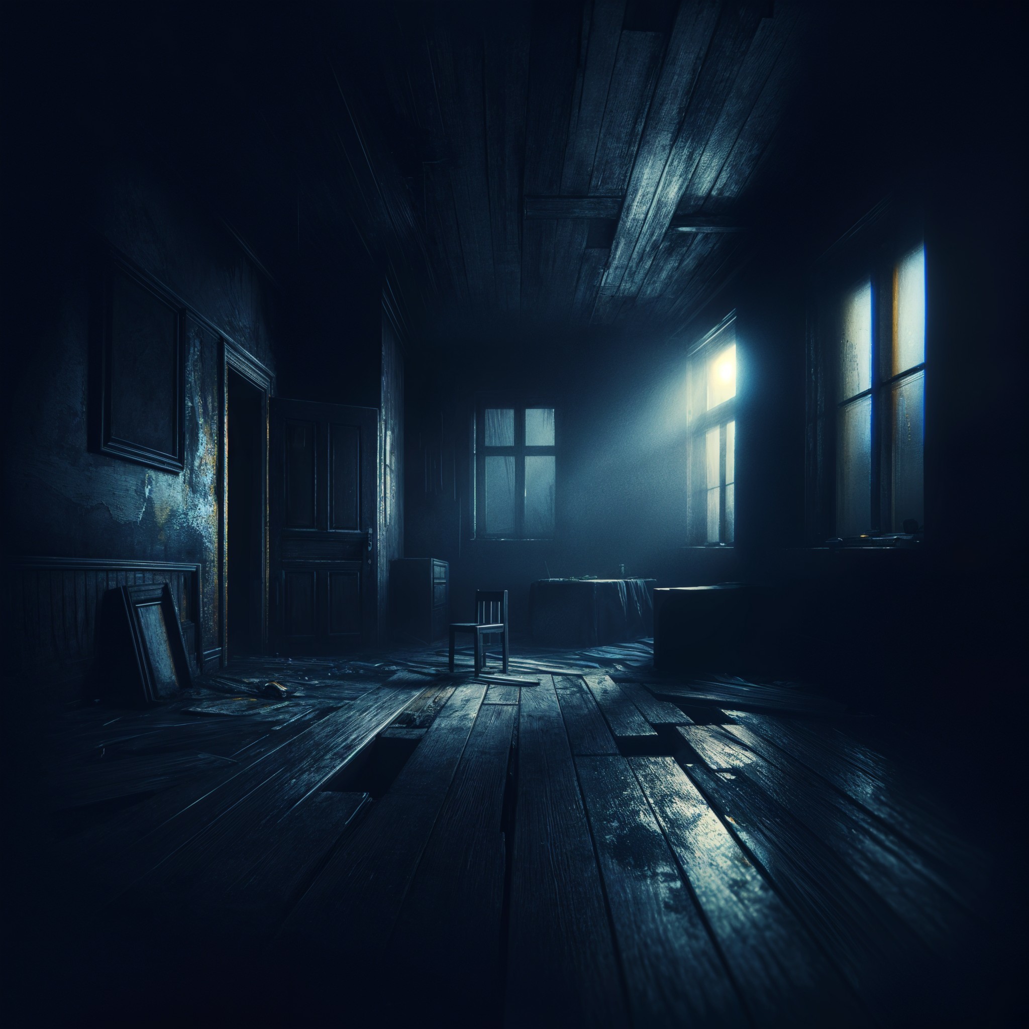 Abandoned Room with Peeling Walls and Shadows