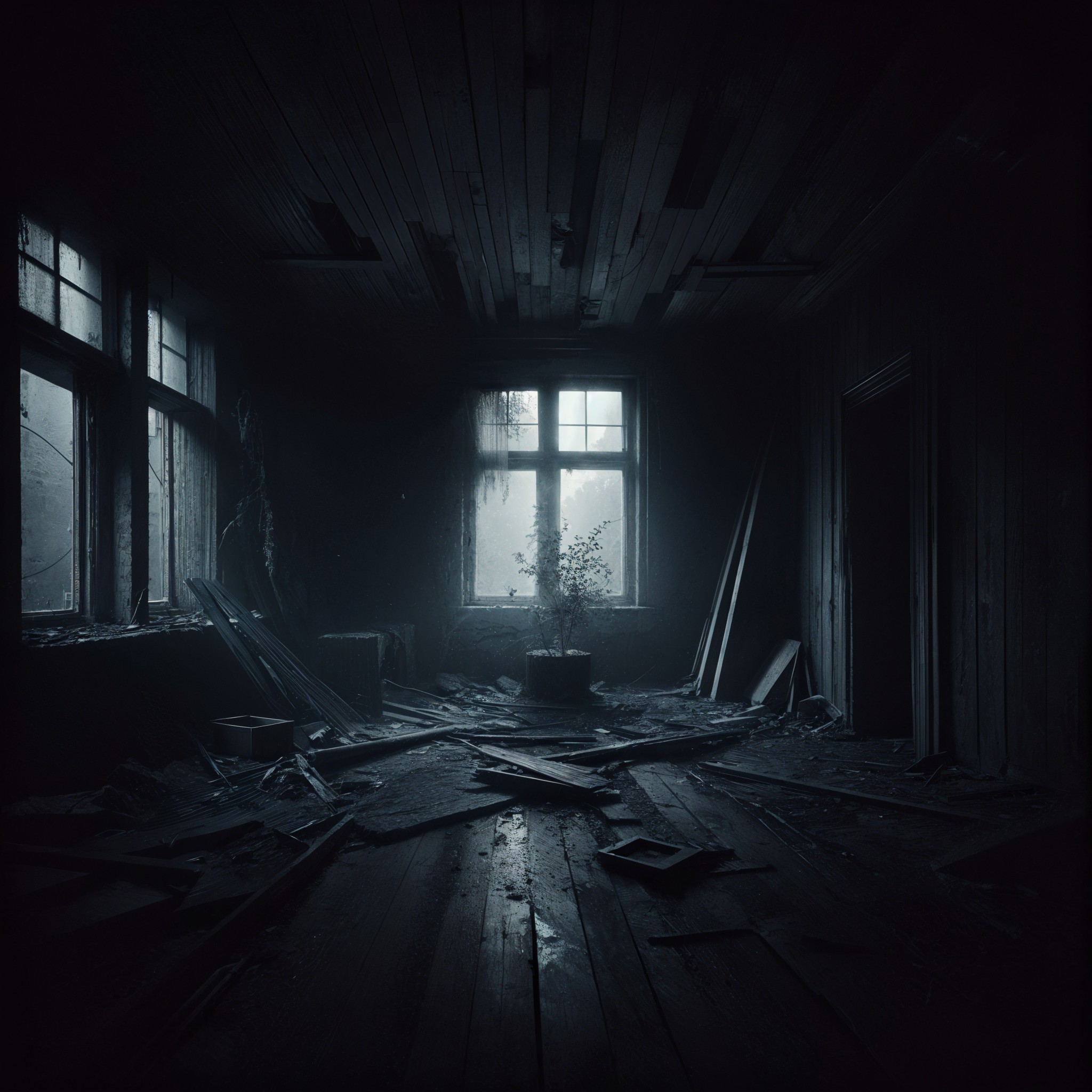 Abandoned Room with Shadows and Defiant Plant Growth