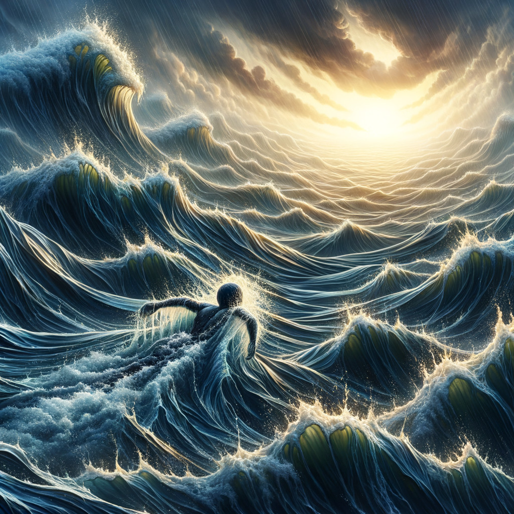 Swimmer Navigates Waves Under Dramatic Sunset Sky