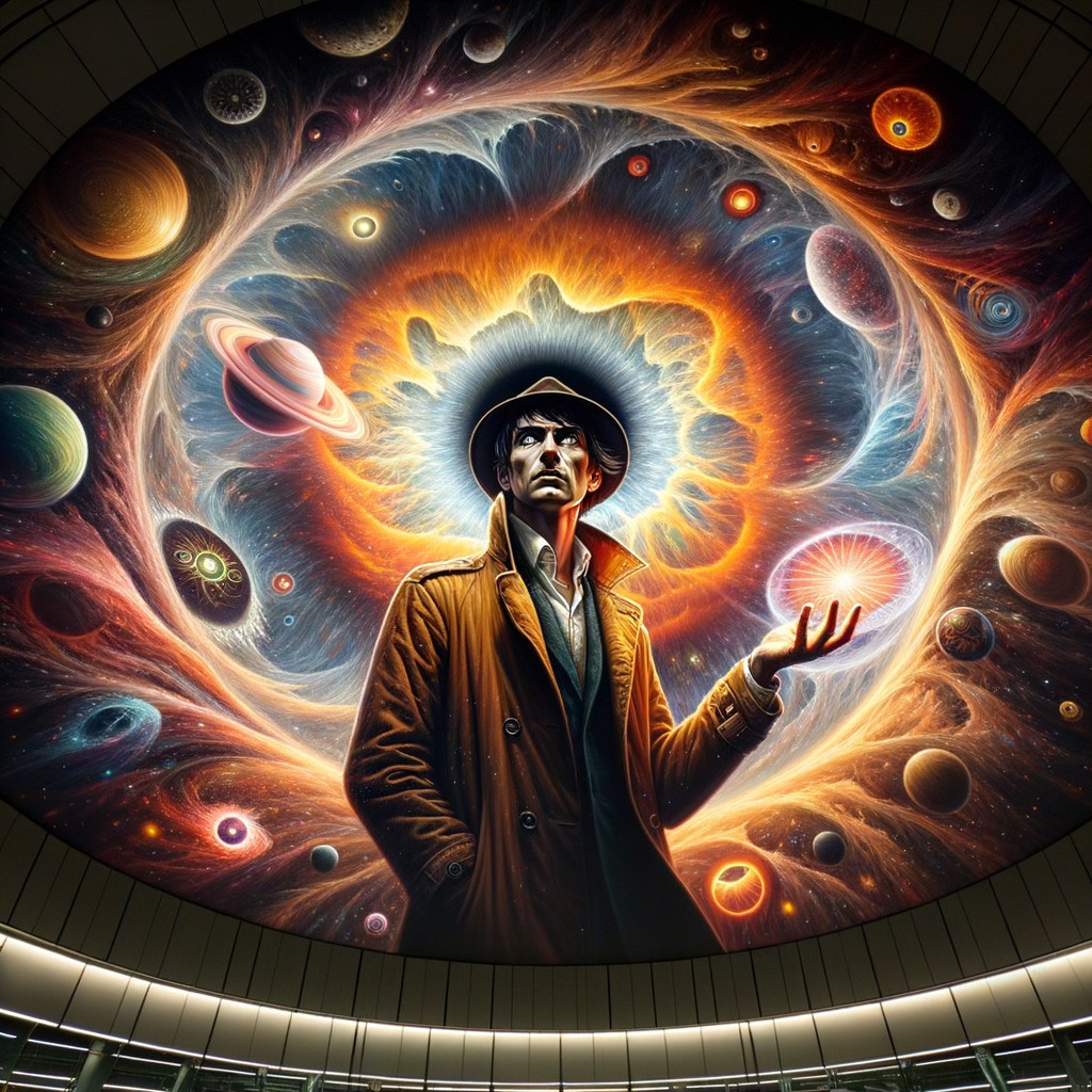 Cosmic Art Deco Artwork of Stylish Man in Trench Coat