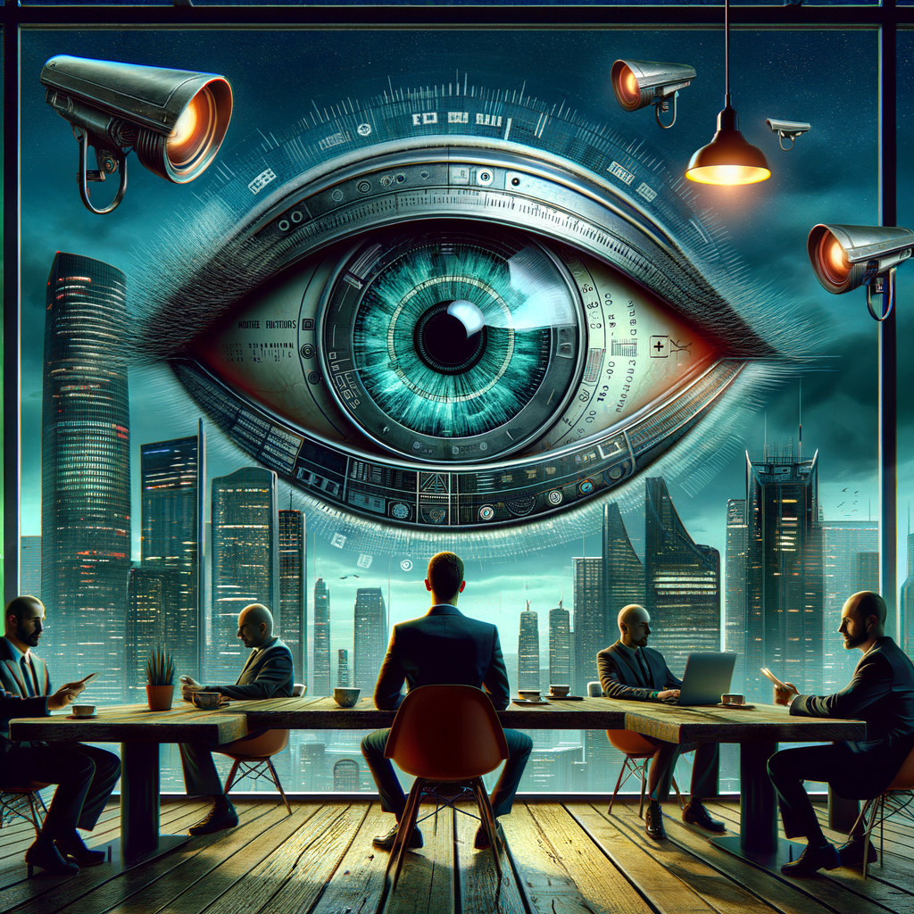 Cyberpunk Scene with Businessmen and Mechanical Eye