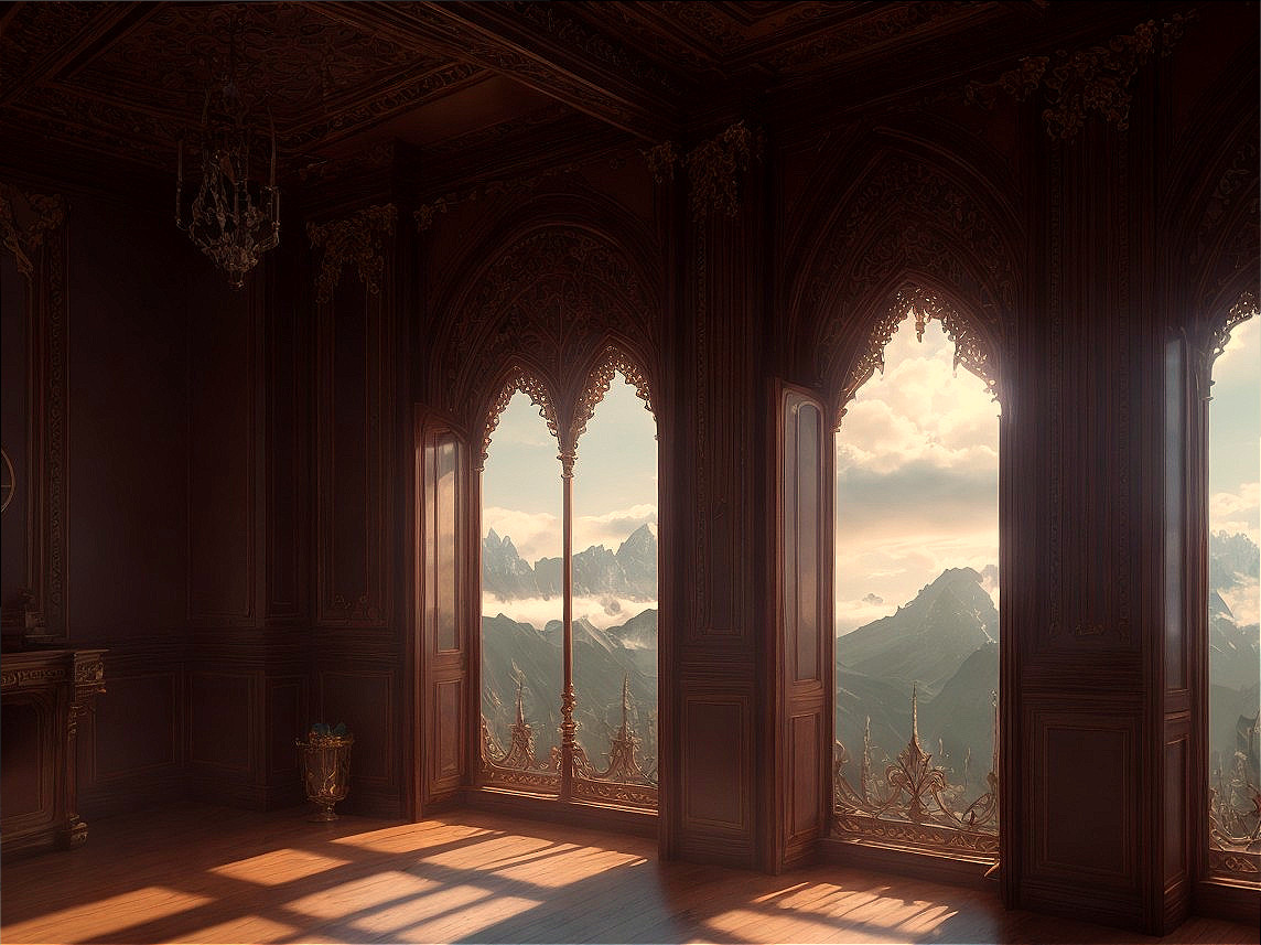 Gothic-style room with arched windows and mountain view