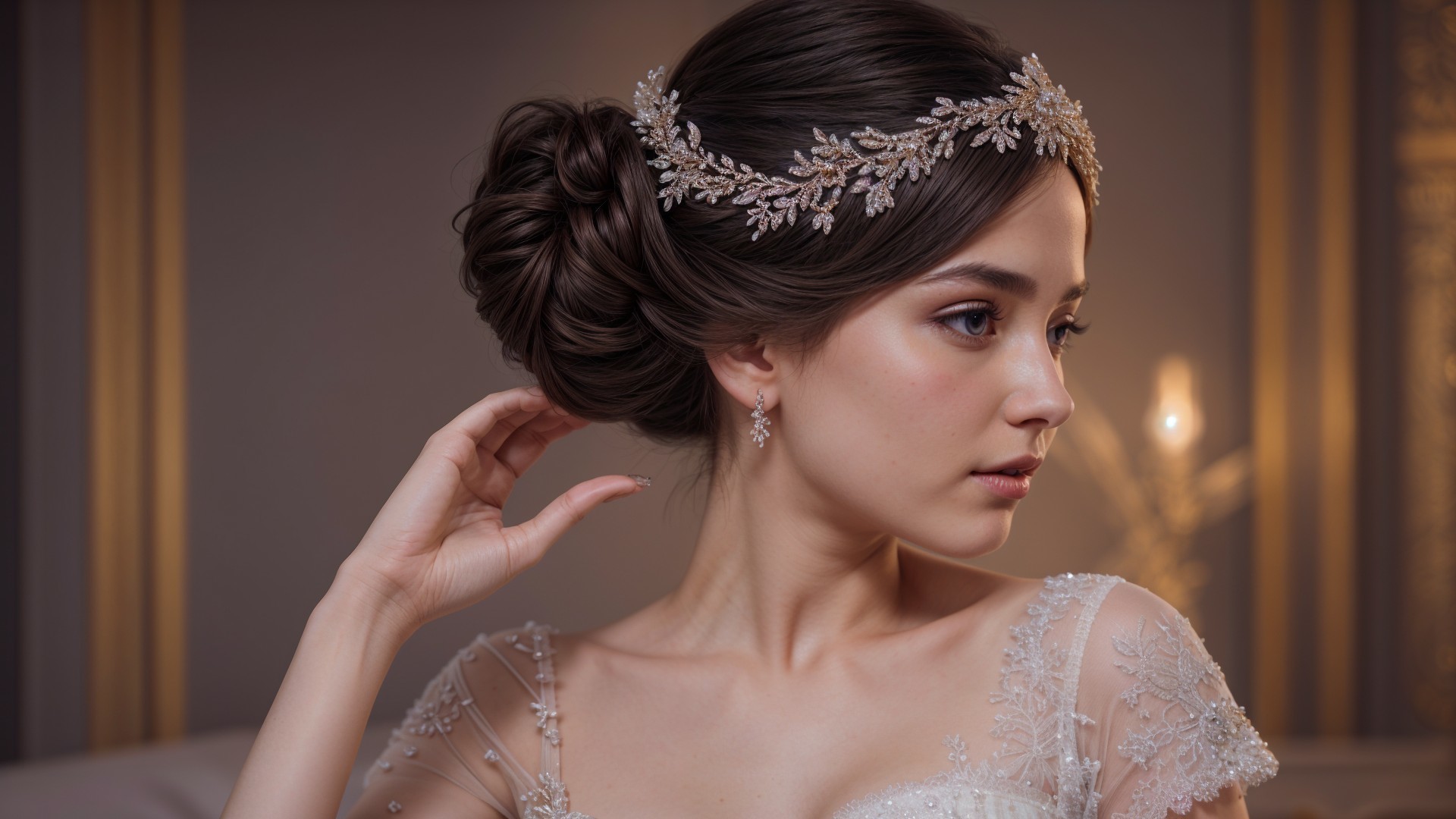 Elegant Bride with Twisted Bun and Lace Gown