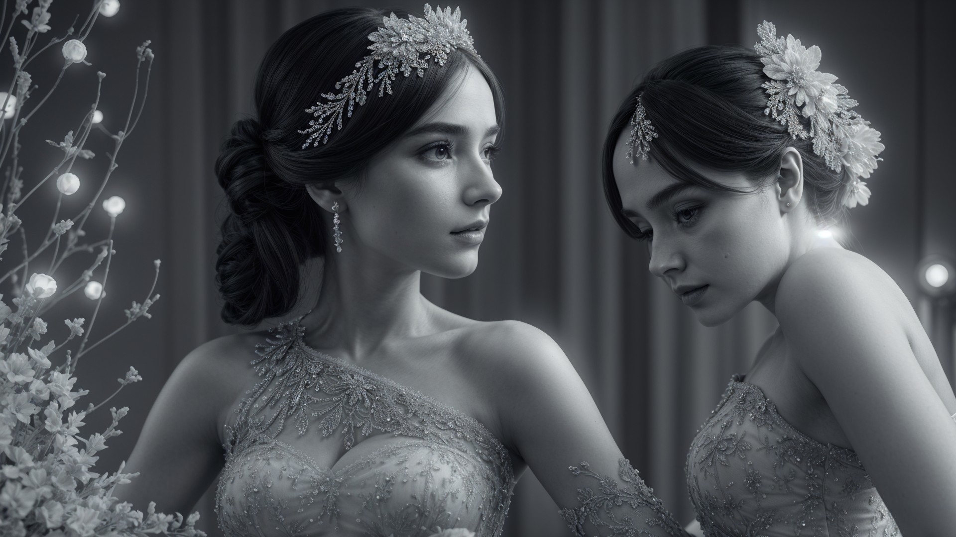 Elegant Evening Gowns and Intricate Hairpieces Displayed