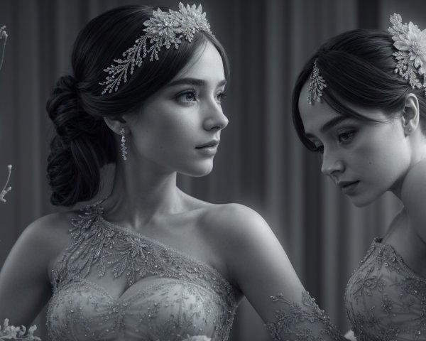 Elegant Evening Gowns and Intricate Hairpieces Displayed