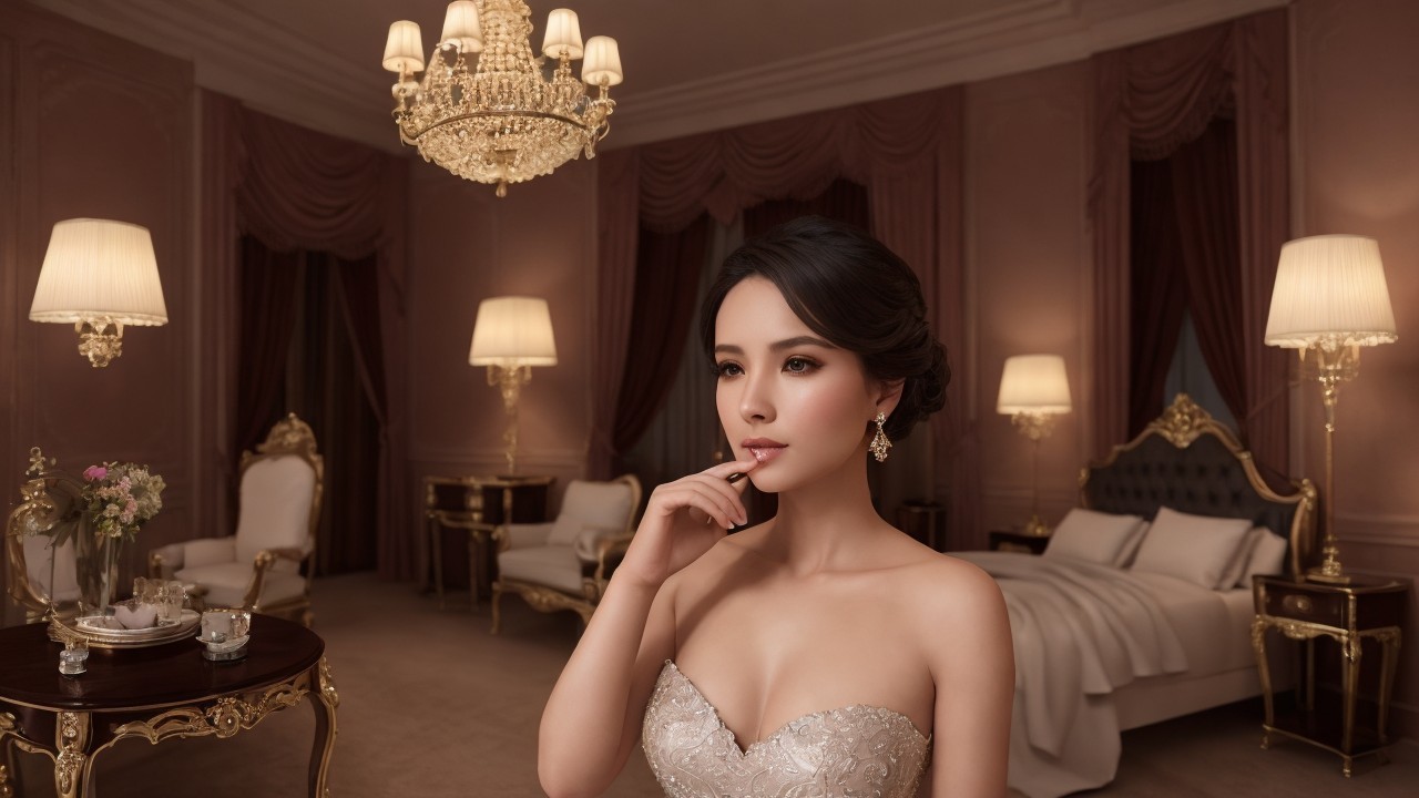 Elegant Woman in Opulent Bedroom with Chandeliers