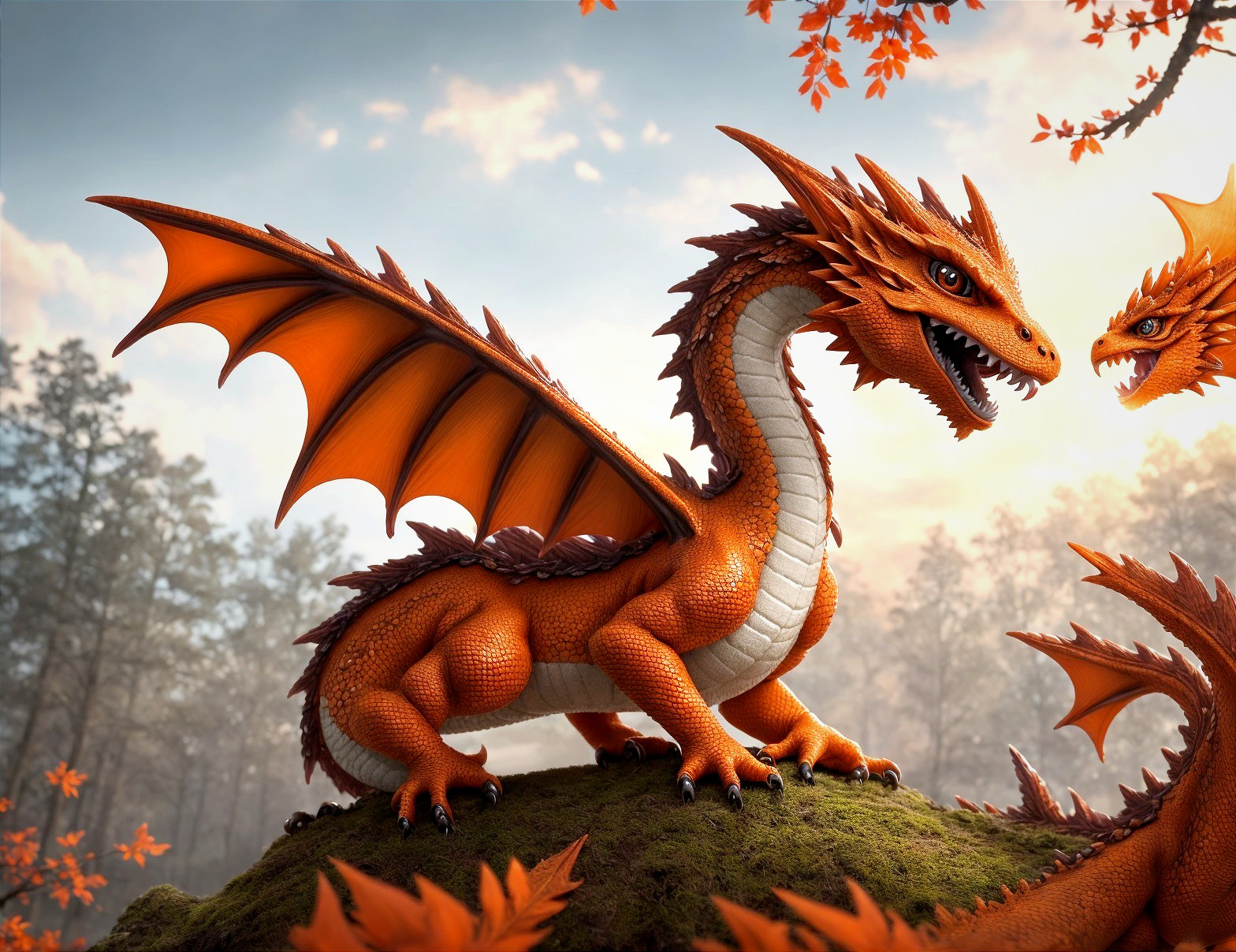 Orange Dragon on Mossy Rock in Autumn Forest