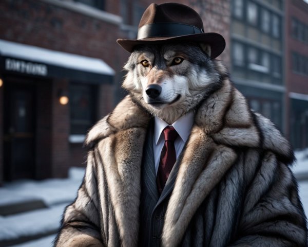Anthropomorphic Wolf in Elegant Attire on Snowy Street