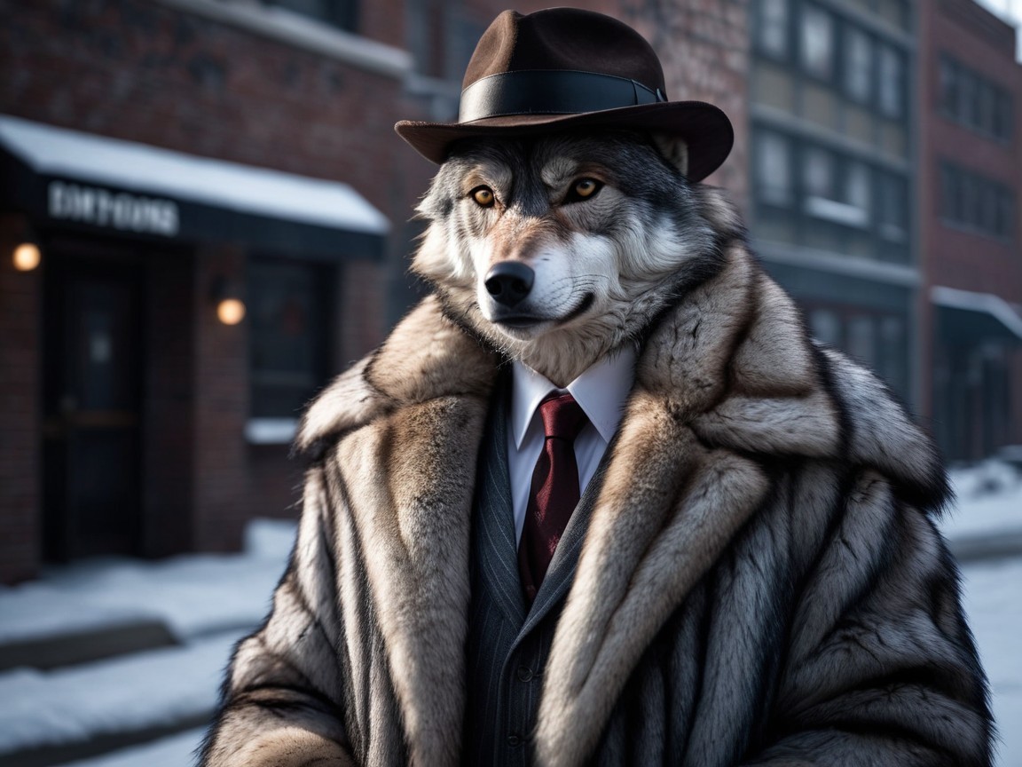 Anthropomorphic Wolf in Elegant Attire on Snowy Street