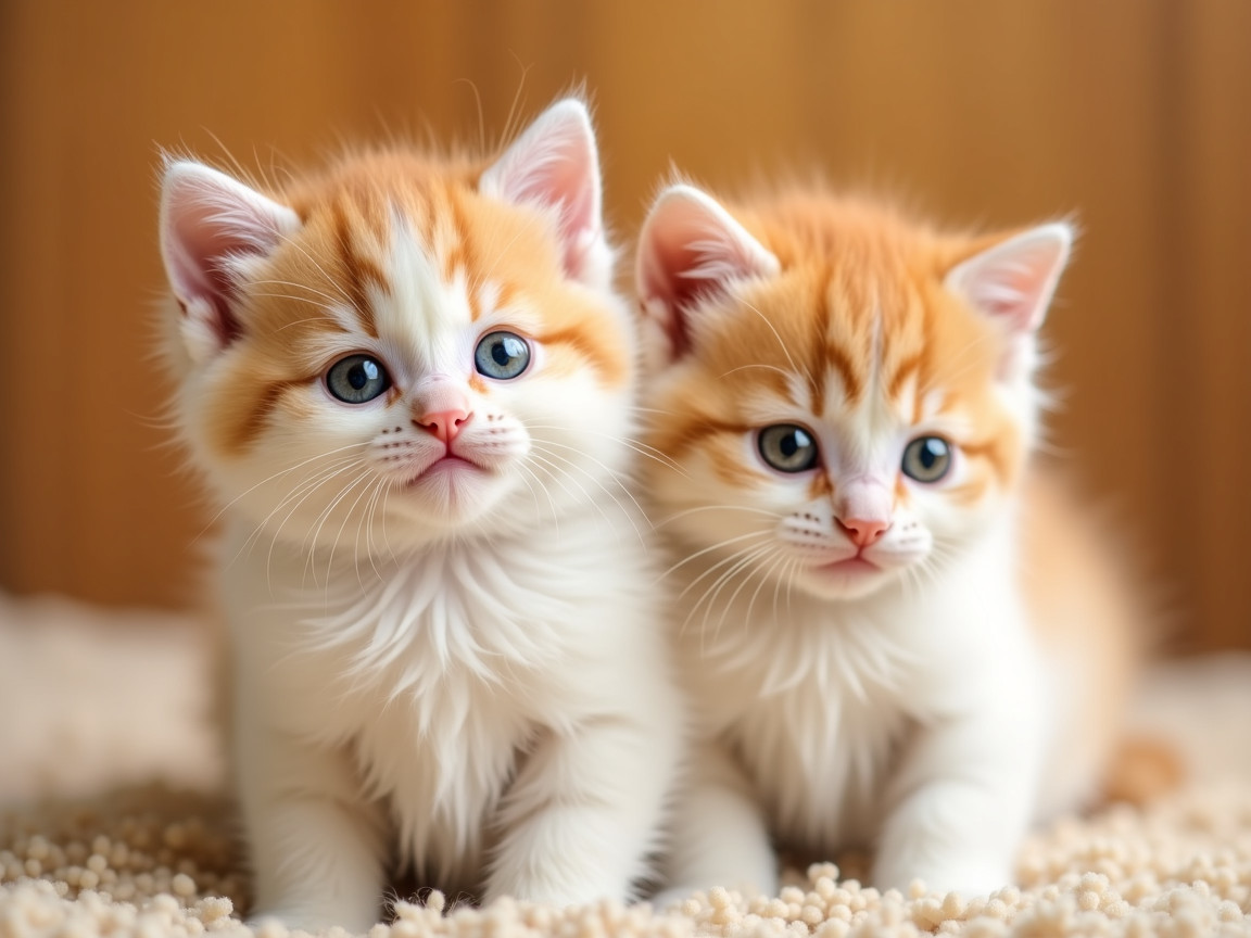 Fluffy Orange and White Kittens on Soft Surface