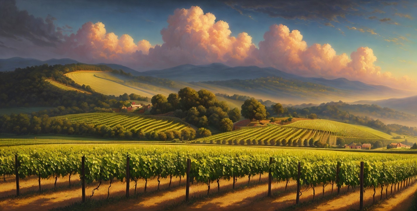 Vibrant Vineyard Landscape at Sunset with Rolling Hills