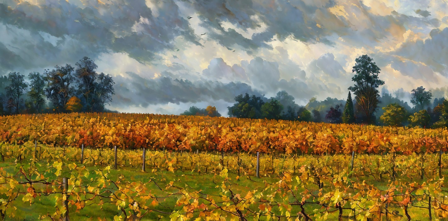 Autumn Vineyard Landscape with Dramatic Sky and Trees