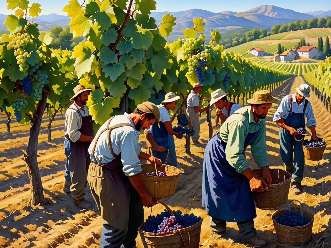 Vibrant Vineyard Scene with Workers Harvesting Grapes
