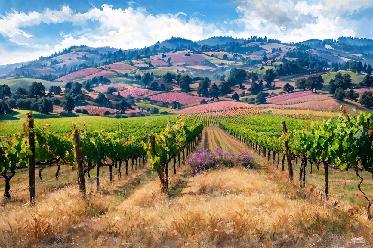 Vibrant Vineyard Landscape with Rolling Hills and Mountains