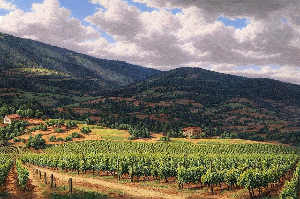 Rolling Vineyards with Farmhouses and Mountains