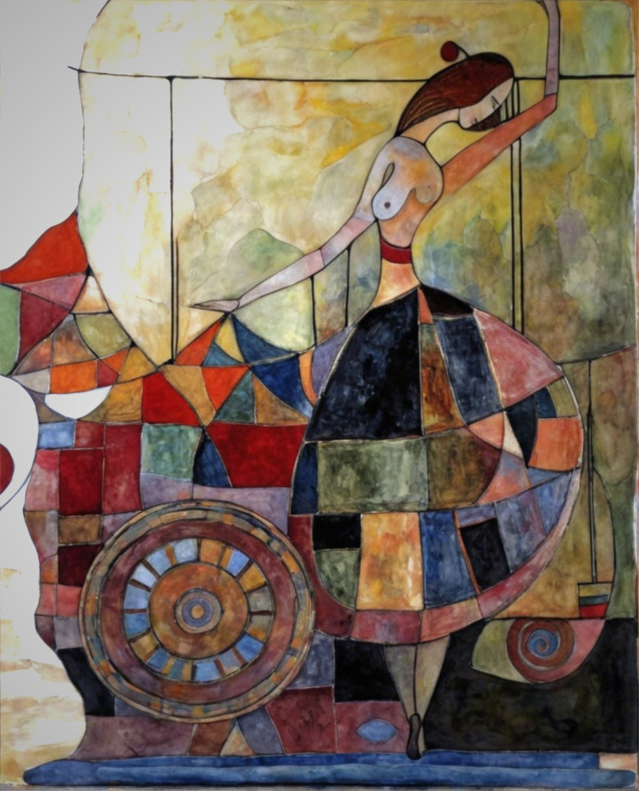 Stylized Woman in Geometric Dress with Abstract Cart