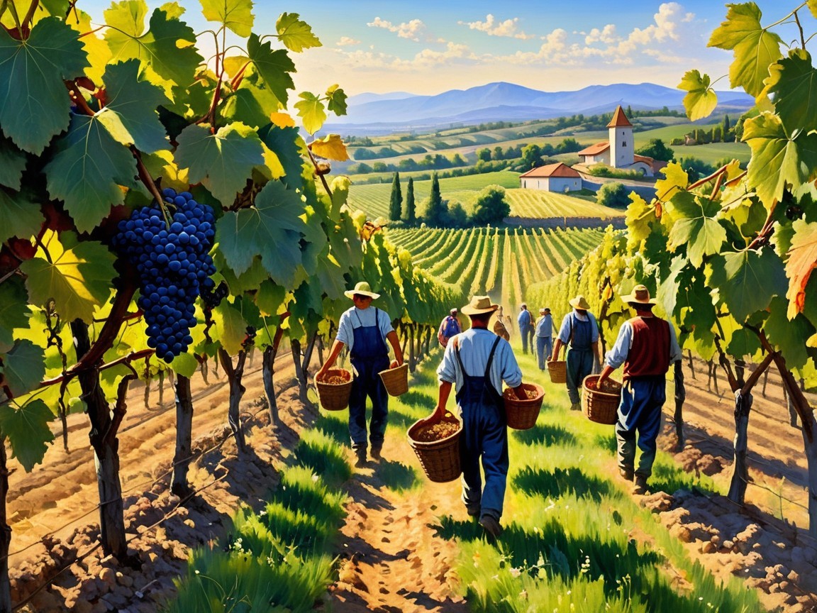 Vibrant Vineyard Scene with Grape Harvest and Hills