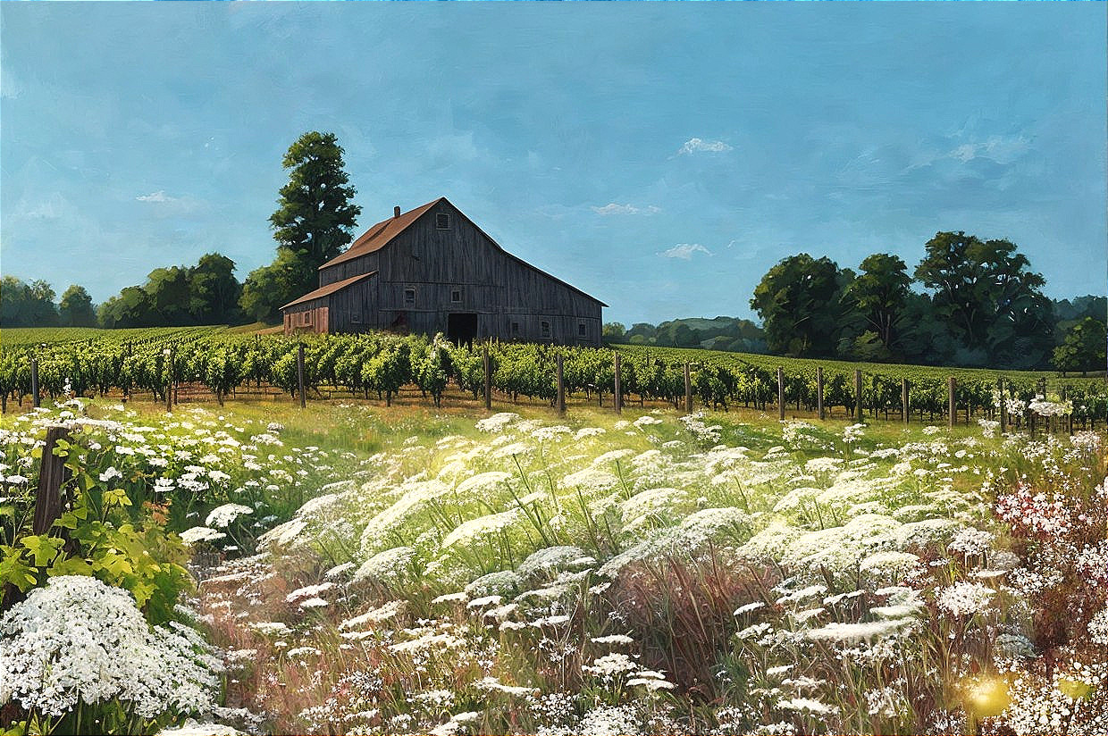 Serene Countryside Scene with Barn and Vineyards
