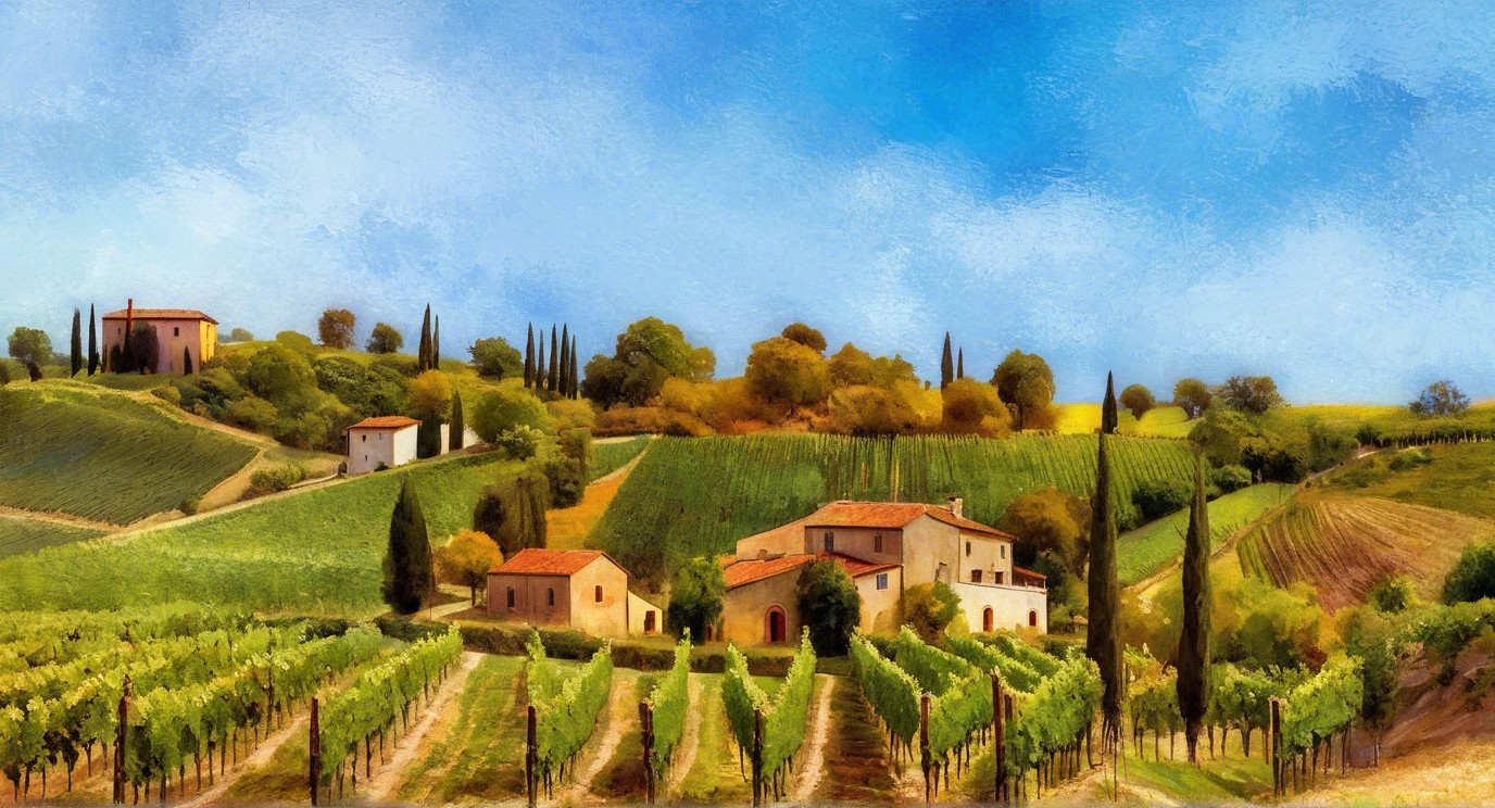 Picturesque Italian Countryside with Vineyards and Hills