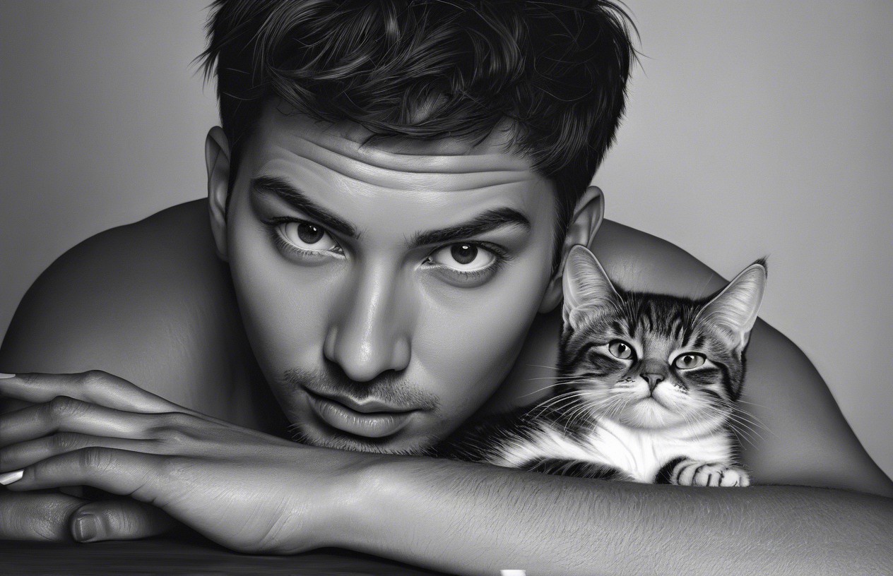 Black-and-white portrait of a young man with kitten