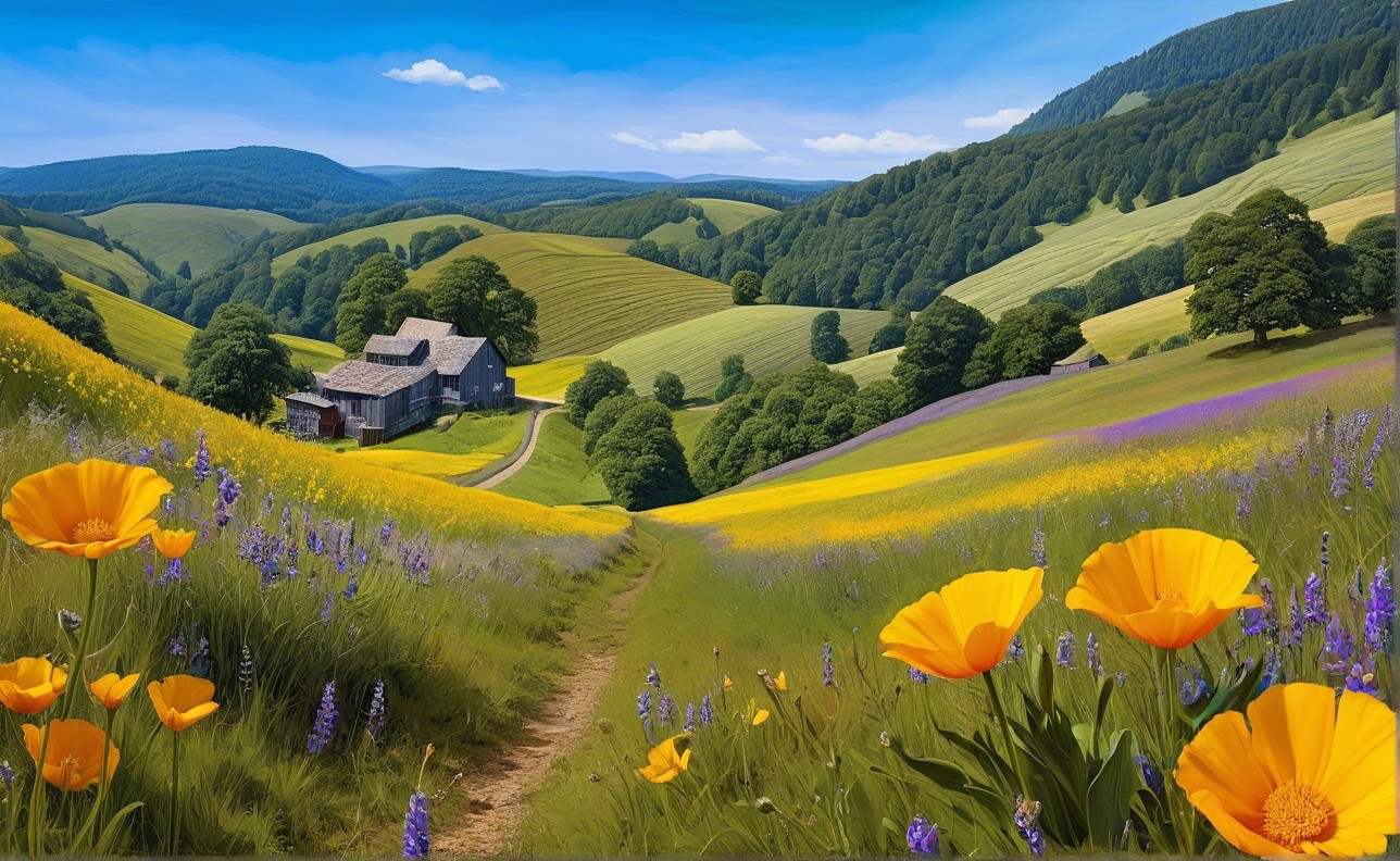 Picturesque Landscape with Farmhouse and Wildflowers