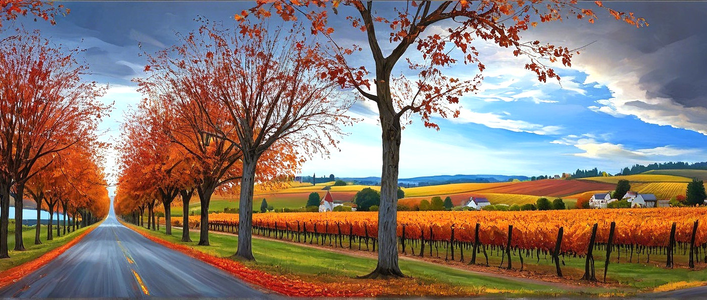 Autumn Landscape with Trees and Vineyards in Fall Colors