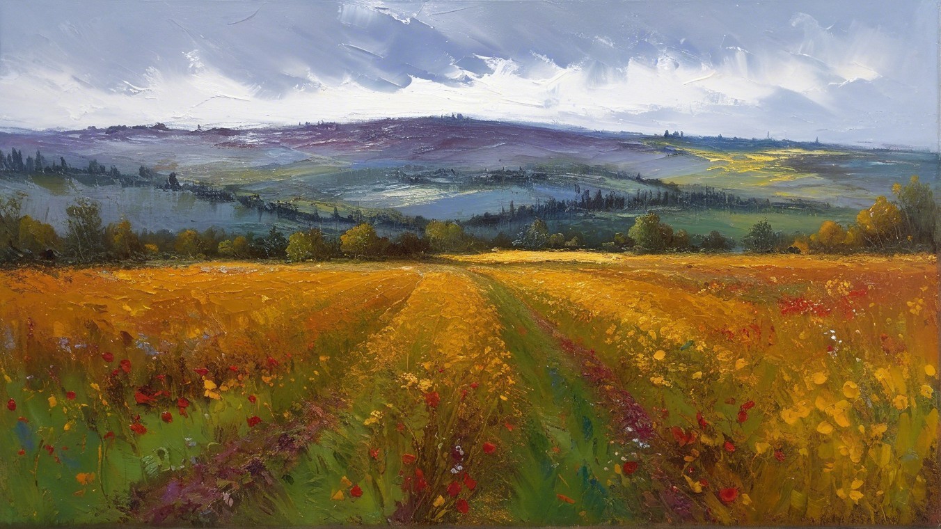 Vibrant Landscape with Golden Field and Rolling Hills