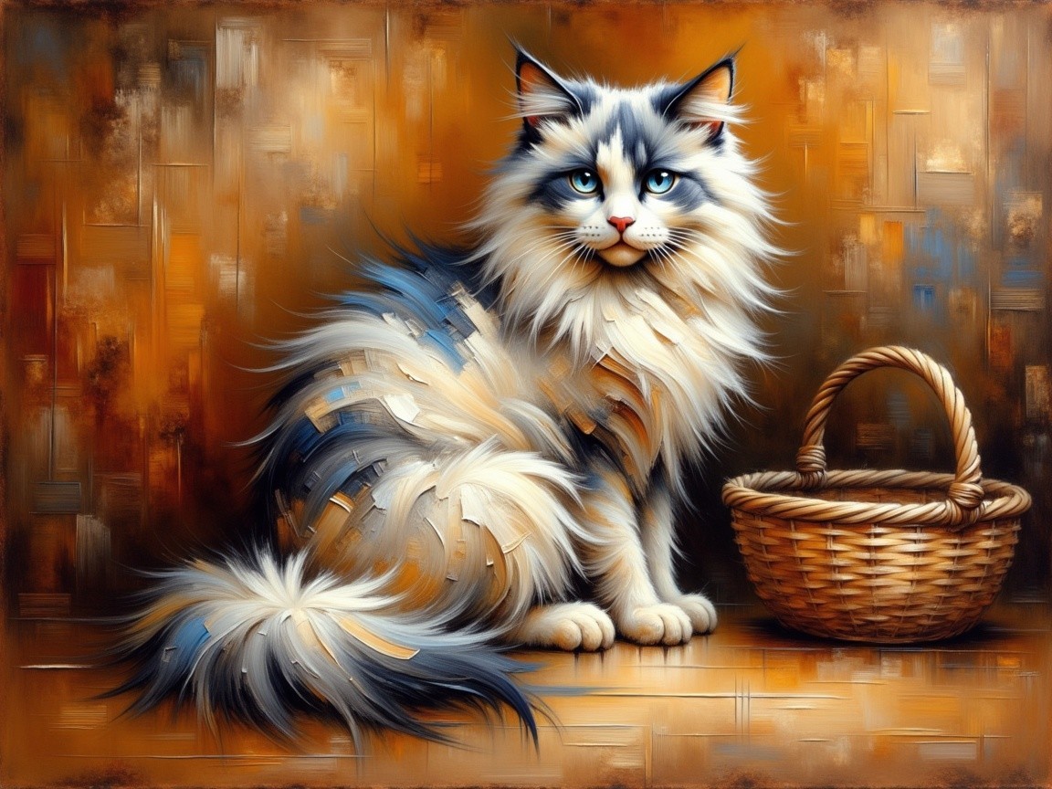 Fluffy Blue-Eyed Cat Beside Woven Basket