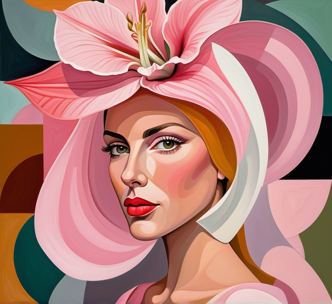 Portrait of a woman with pink flower and bold makeup